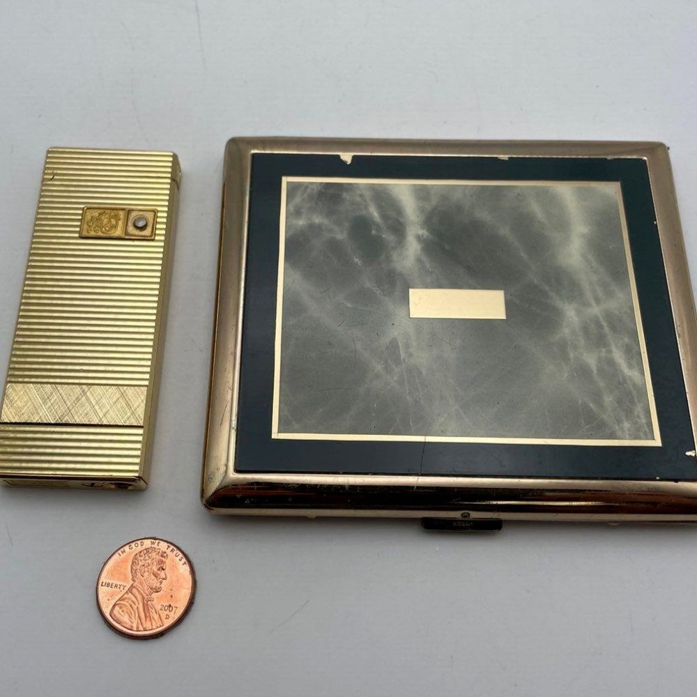 2 Piece Vintage Colibri Gold Tone Touch Sensor Lighter & Cigarette Case